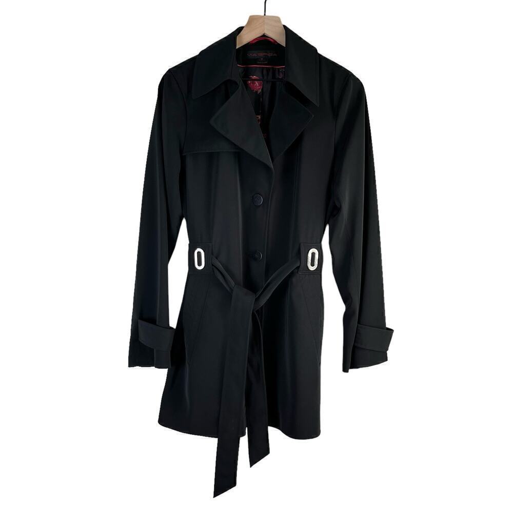 Via Spiga Black Trench Coat Belted Red‎ Floral Lining, Size 8